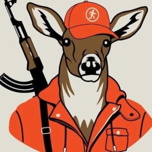 DefendAnimals.net deer mascot in an orange cap and jacket with a rifle slung over its shoulder