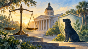 Scales of justice beside a dog and a protective shield in front of a courthouse.