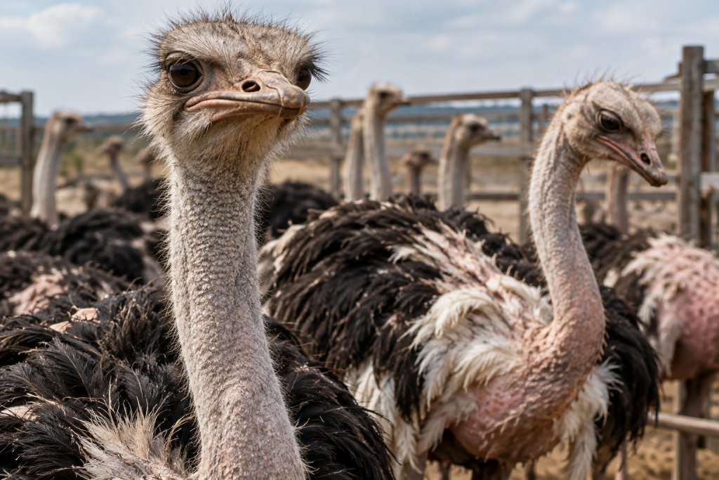 Crowded ostriches standing in a dusty farm enclosure.