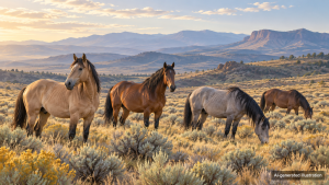 Wild horses grazing in the Oregon Riddle Mountain landscape