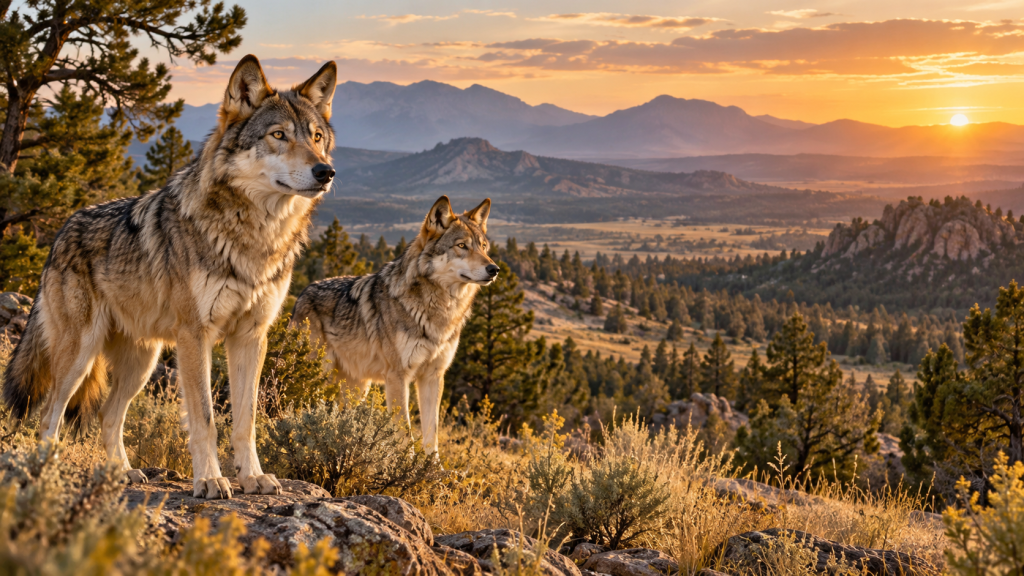 AI-generated illustration of two Mexican gray wolves in a Southwestern woodland